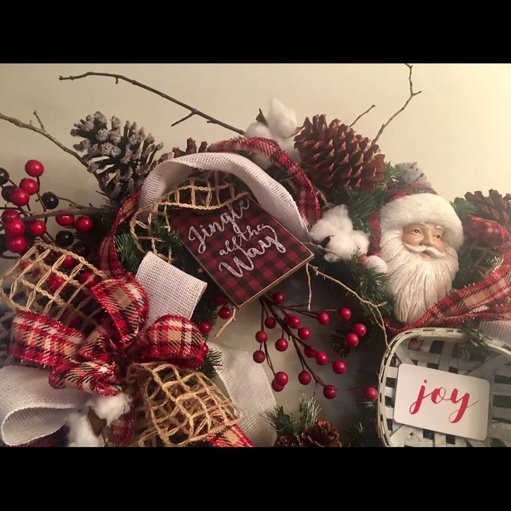 New Floral Rustic Designer Farmhouse Plaid Pinecone Christmas Door Wall Wreath